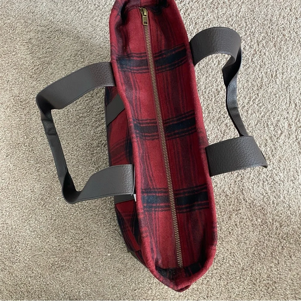 American Eagle Outfitters Red Plaid Duffel Tote with Brown Trim new